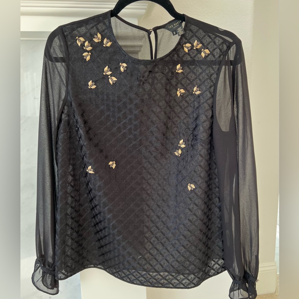 Ted Baker Queen Bee Lunnah Blouse - Sheer Black with Bee Embellishments